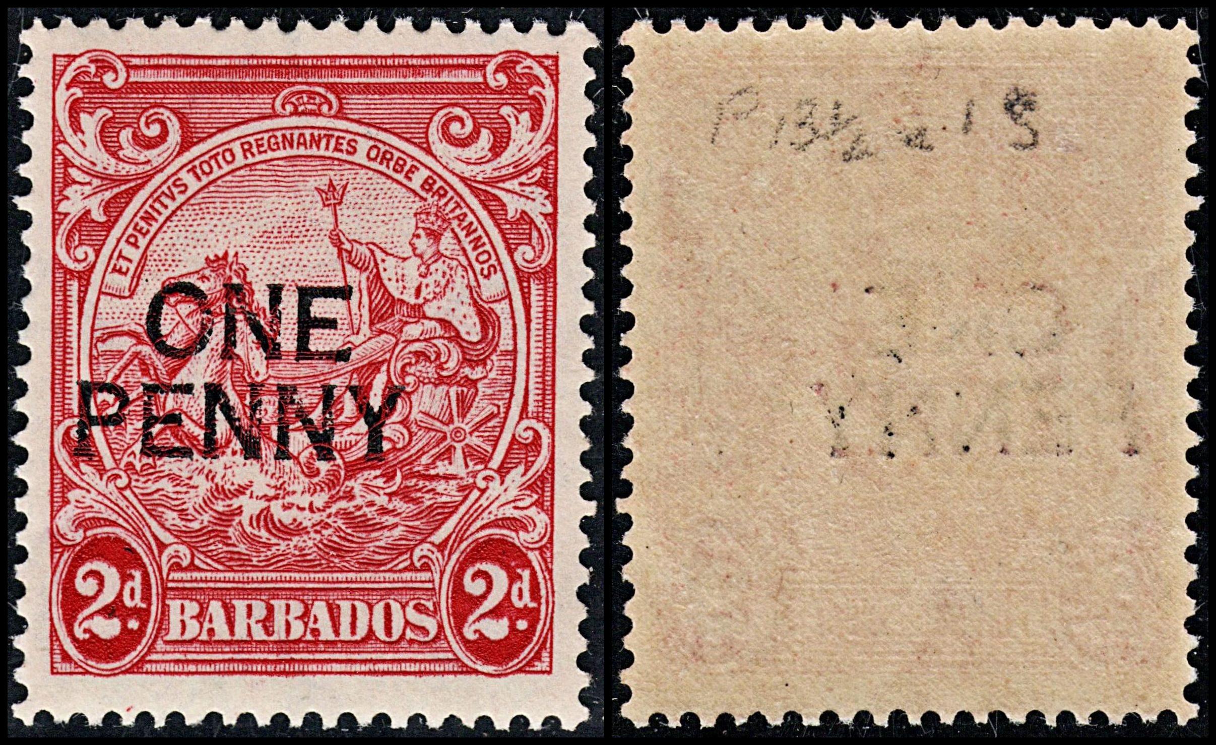 3803 BARBADOS 1d Pink red 1947. SG264eb Sc209b Mi177A. Broken