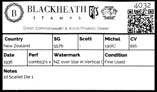 4032 New Zealand SG557b 1d Scarlet Die 1 1936. Mi190IC Fine Used. C£65