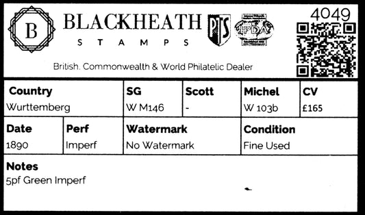 4049 Wurttemberg SGW M146 5pf Green Imperf 1890. MiW 103b Fine Used. C£165