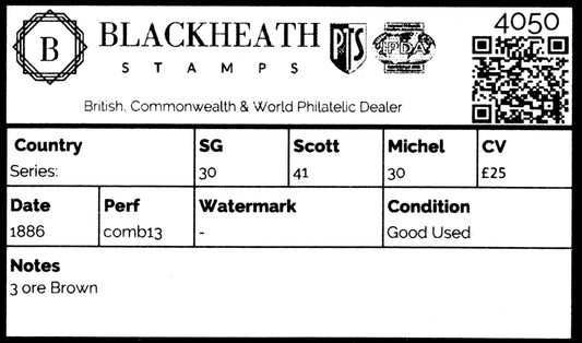 4050 Series SG30 3 ore Brown 1886. Sc#41 Mi30 Good Used. C£25