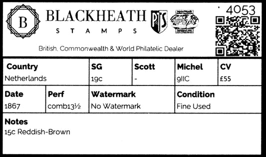 4053 Netherlands SG19c 15c Reddish-Brown 1867. Mi9IIC Fine Used. C£55