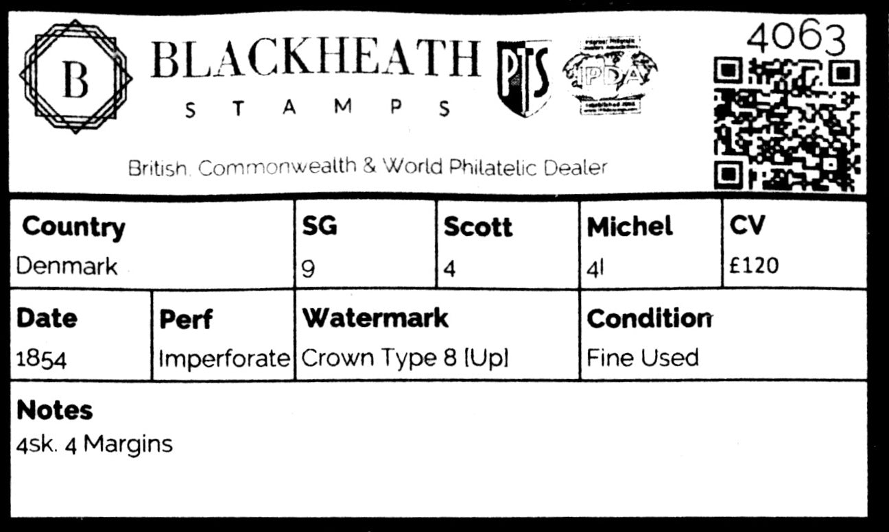 4063 Denmark SG9 4sk. 4 Margins. 1854. Sc#4 Mi4I Fine Used. C£120