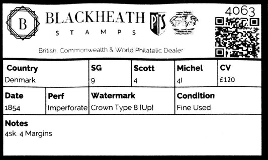 4063 Denmark SG9 4sk. 4 Margins. 1854. Sc#4 Mi4I Fine Used. C£120
