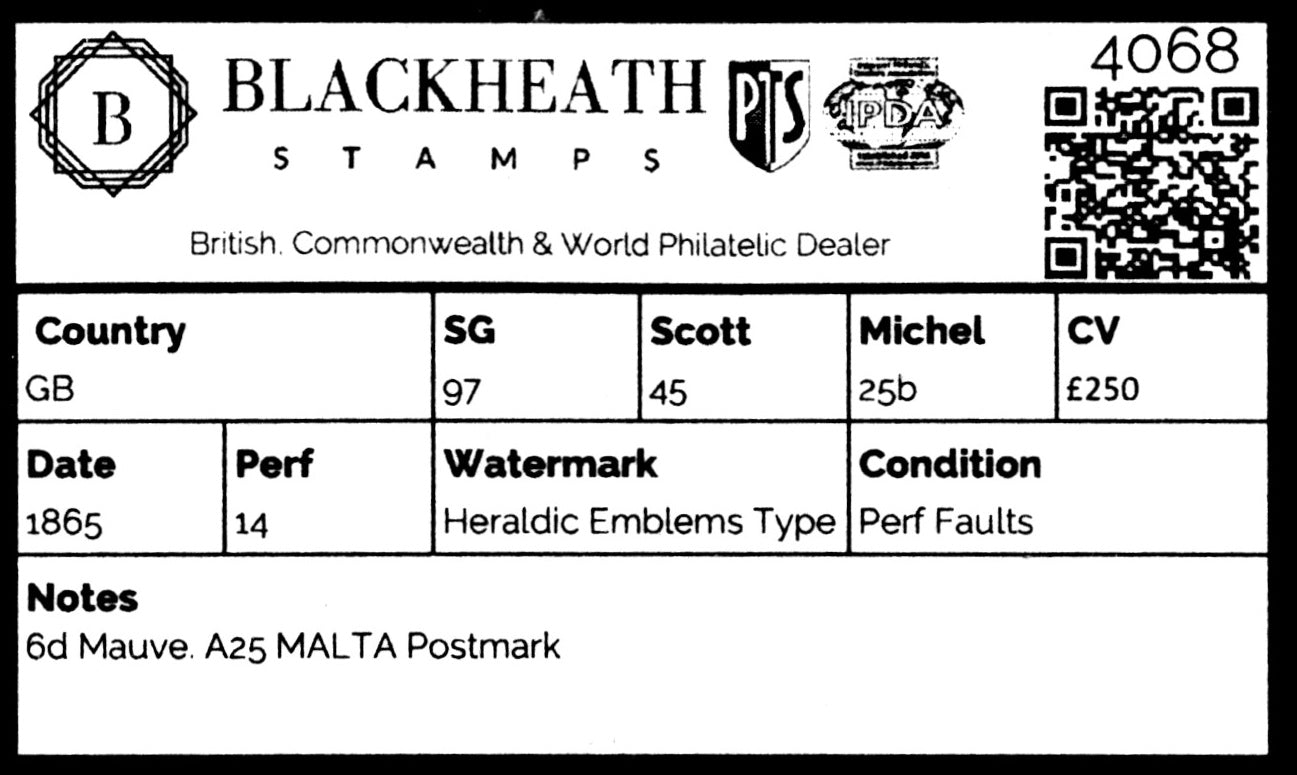 4068 GB SG97 6d Mauve. A25 MALTA Postmark. 1865. Sc#45 Mi25b Perf Faults. C£250