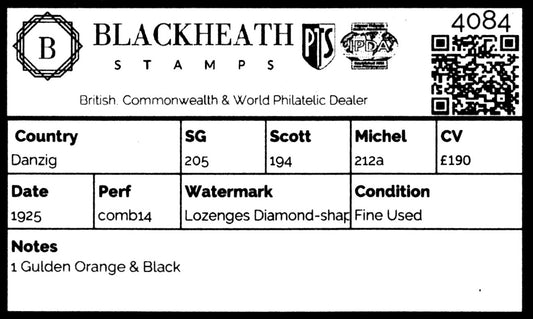 4084 Danzig SG205 1 Gulden Orange & Black. 1925. Sc#194 Mi212a Fine Used. C£190