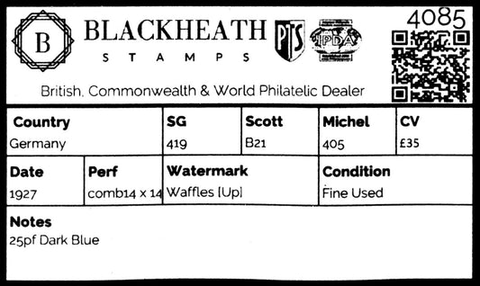 4085 Germany SG419 25pf Dark Blue. 1927. Sc#B21 Mi405 Fine Used. C£35