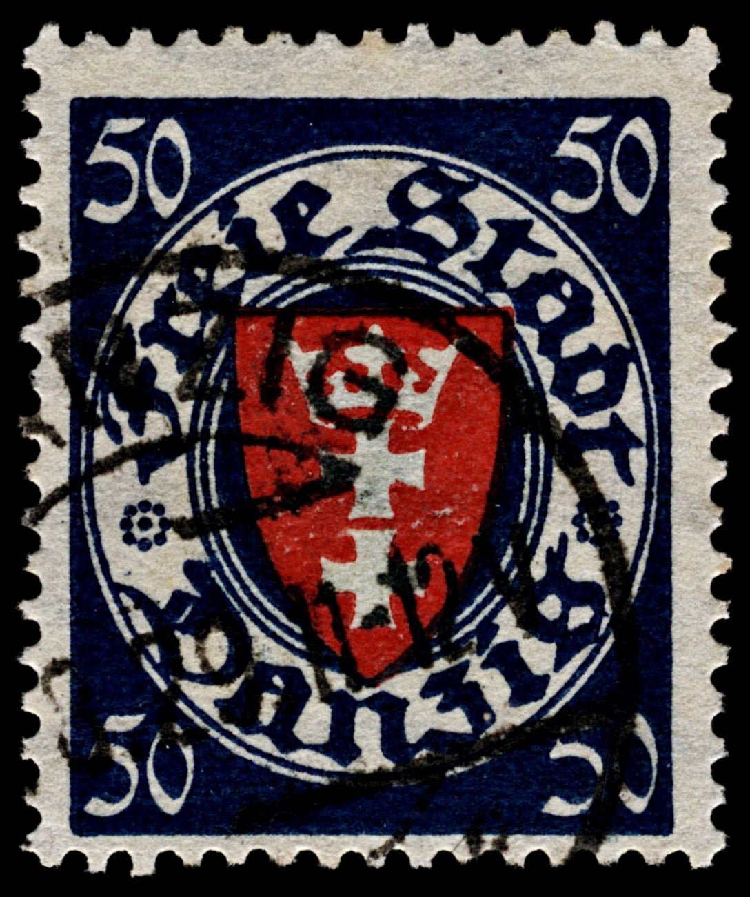 4088 Danzig SG190 50pf Blue & Red. Pale Yellow Paper. 1924. Sc#187a Mi200xa Fine Used. C£50