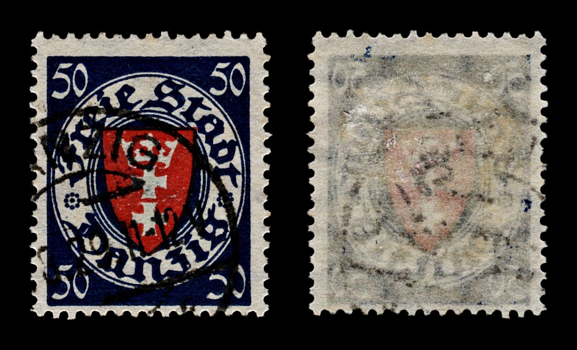 4088 Danzig SG190 50pf Blue & Red. Pale Yellow Paper. 1924. Sc#187a Mi200xa Fine Used. C£50