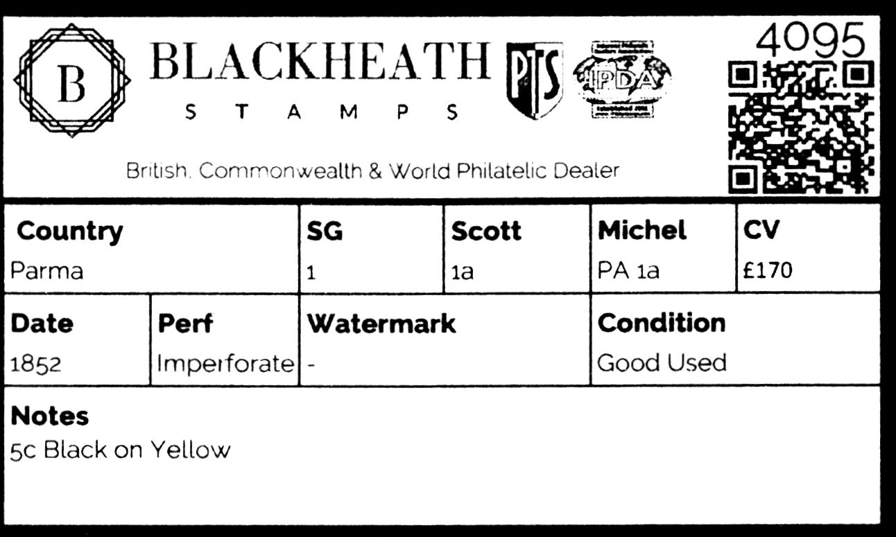 4095 Parma SG1 5c Black on Yellow. 1852. Sc#1a MiPA 1a Good Used. C£170