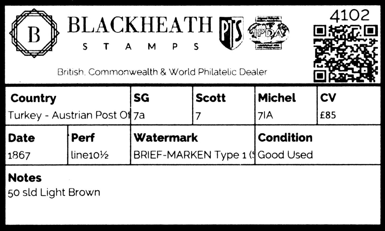 4102 Turkey - Austrian Post Offices SG7a 50 sld Light Brown. 1867. Sc#7 Mi7IA Good Used. C£85