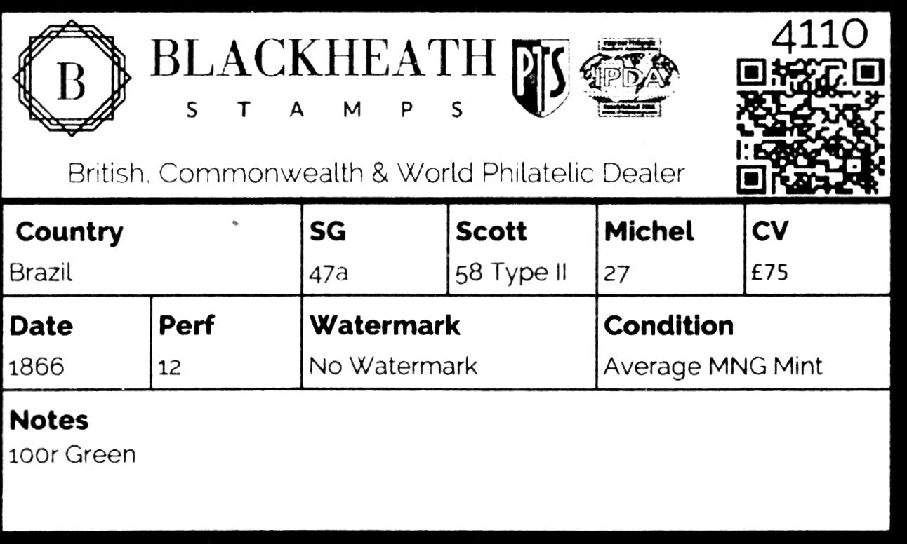 4110 Brazil SG47a 100r Green. 1866. Sc#58 Type II Mi27 Average MNG Mint. C£75