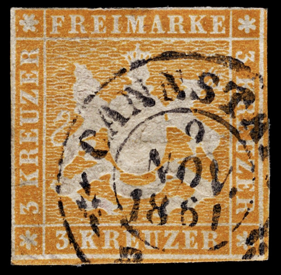 4117 Wurttemberg SG23 3 Kreuzer Yellow-Orange. 1859. Sc#15 Mi12a Fine Used. C£35