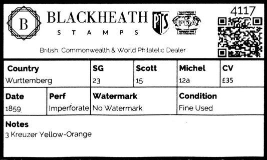 4117 Wurttemberg SG23 3 Kreuzer Yellow-Orange. 1859. Sc#15 Mi12a Fine Used. C£35