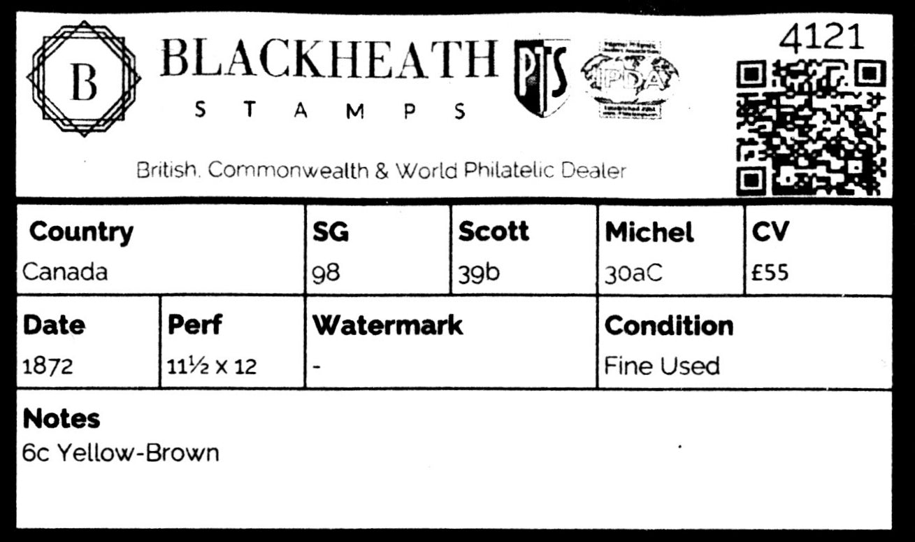 4121 Canada SG98 6c Yellow-Brown. 1872. Sc#39b Mi30aC Fine Used. C£55