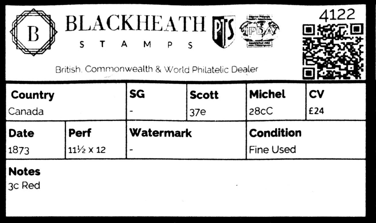 4122 Canada 3c Red. 1873. Sc#37e Mi28cC Fine Used. C£24