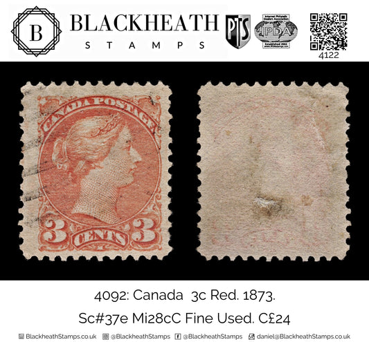 4122 Canada 3c Red. 1873. Sc#37e Mi28cC Fine Used. C£24