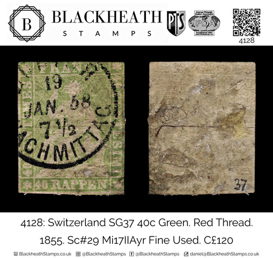 4128 Switzerland SG37 40c Green. Red Thread. 1855. Sc#29 Mi17IIAyr Fine Used. C£120