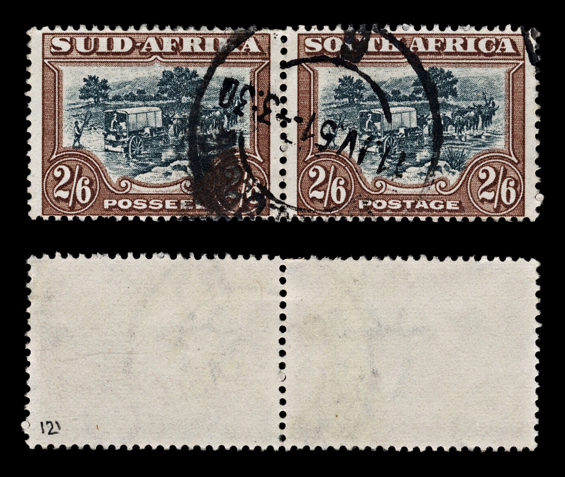 4138 South Africa SG121 2s6d Black-Green & Brown. Pair. 1949. Mi201-202 Fine Used. C£30