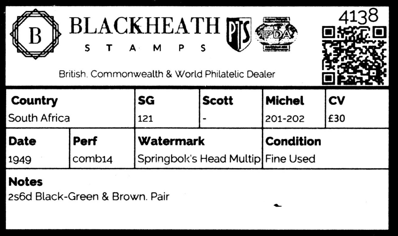 4138 South Africa SG121 2s6d Black-Green & Brown. Pair. 1949. Mi201-202 Fine Used. C£30