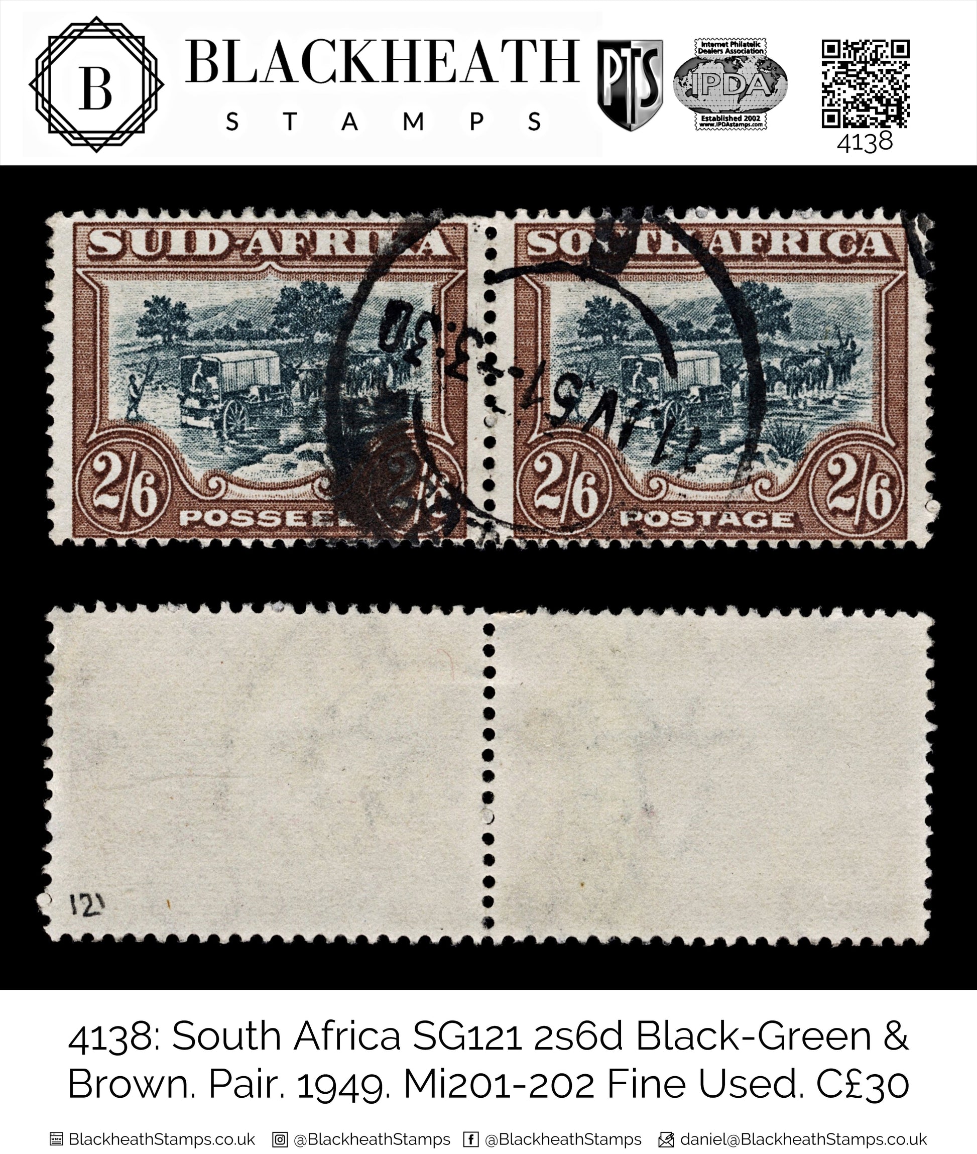 4138 South Africa SG121 2s6d Black-Green & Brown. Pair. 1949. Mi201-202 Fine Used. C£30