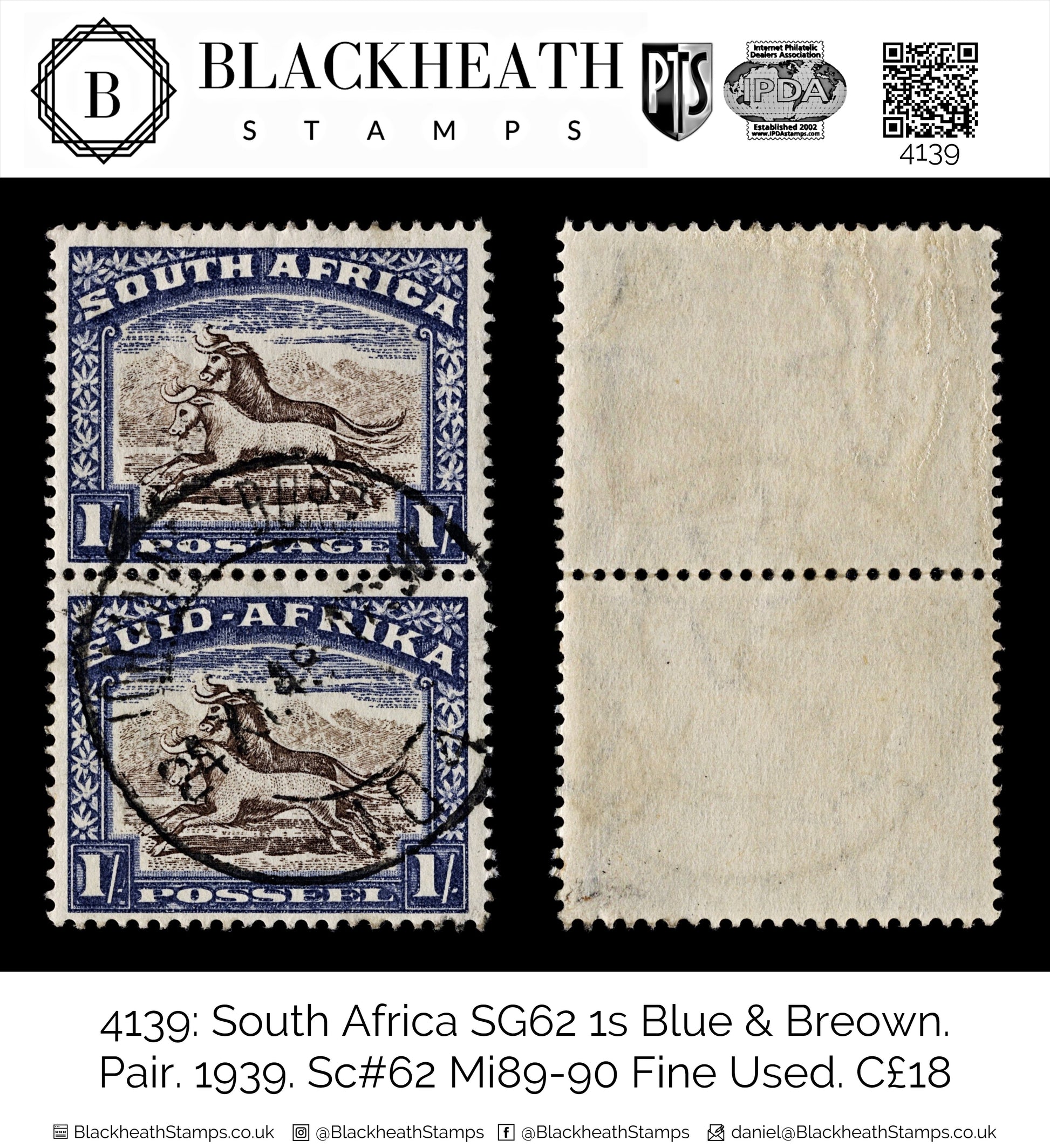 4139 South Africa SG62 1s Blue & Brown. Pair. 1939. Sc#62 Mi89-90 Fine Used. C£18