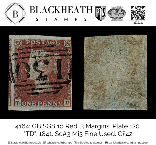 4164 GB SG8 1d Red. 3 Margins. Plate 120. "TD". 1841. Sc#3 Mi3 Fine Used. C£42