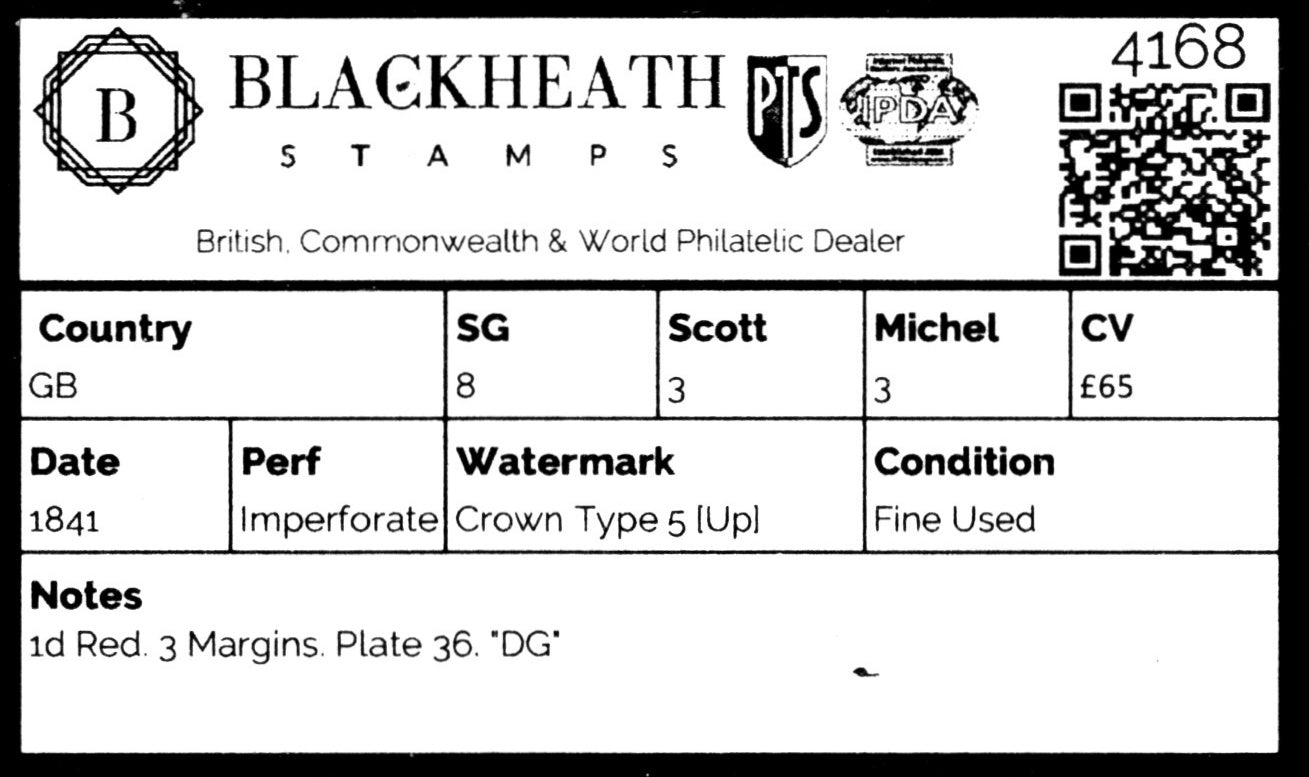 4168 GB SG8 1d Red. 3 Margins. Plate 36. "DG". 1841. Sc#3 Mi3 Fine Used. C£65