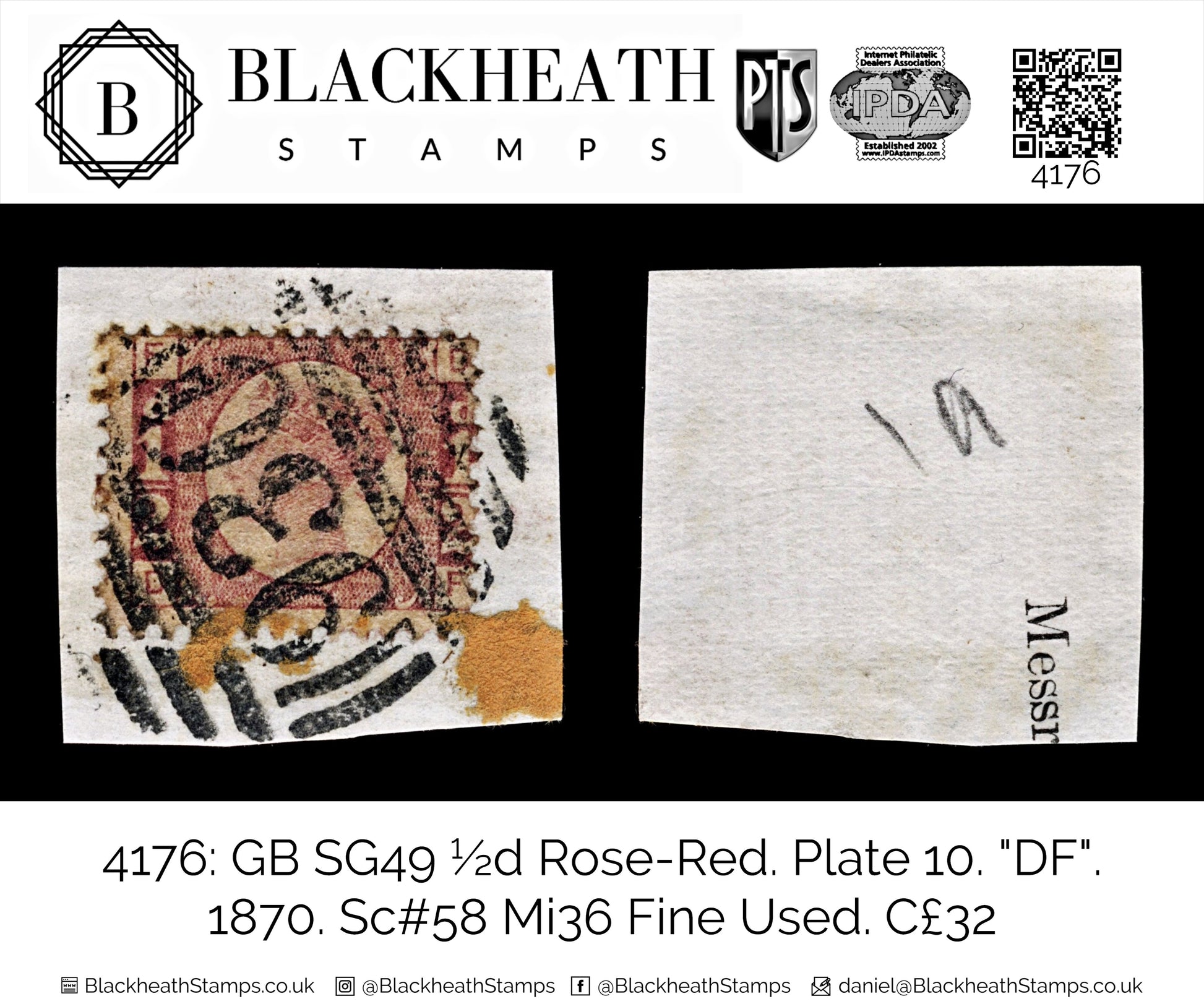 4176 GB SG49 ½d Rose-Red. Plate 10. "DF". 1870. Sc#58 Mi36 Fine Used. C£32