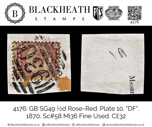 4176 GB SG49 ½d Rose-Red. Plate 10. "DF". 1870. Sc#58 Mi36 Fine Used. C£32