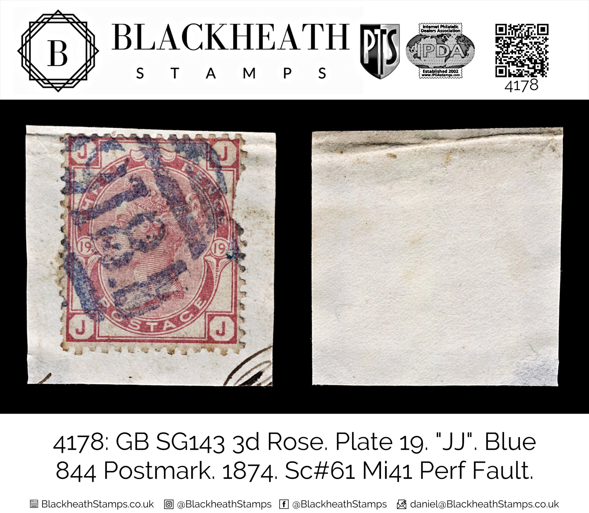 4178 GB SG143 3d Rose. Plate 19. "JJ". Blue 844 Postmark. 1874. Sc#61 Mi41 Perf Fault. C£95