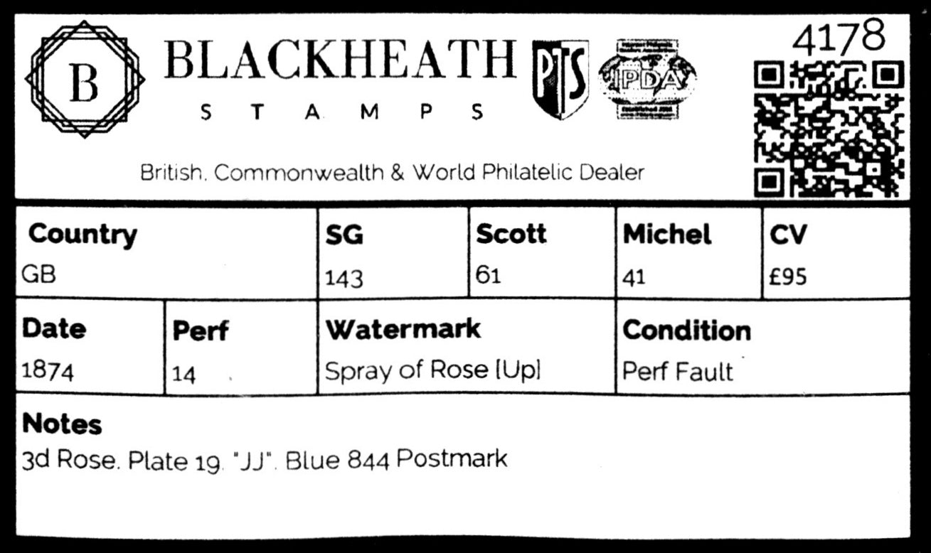 4178 GB SG143 3d Rose. Plate 19. "JJ". Blue 844 Postmark. 1874. Sc#61 Mi41 Perf Fault. C£95