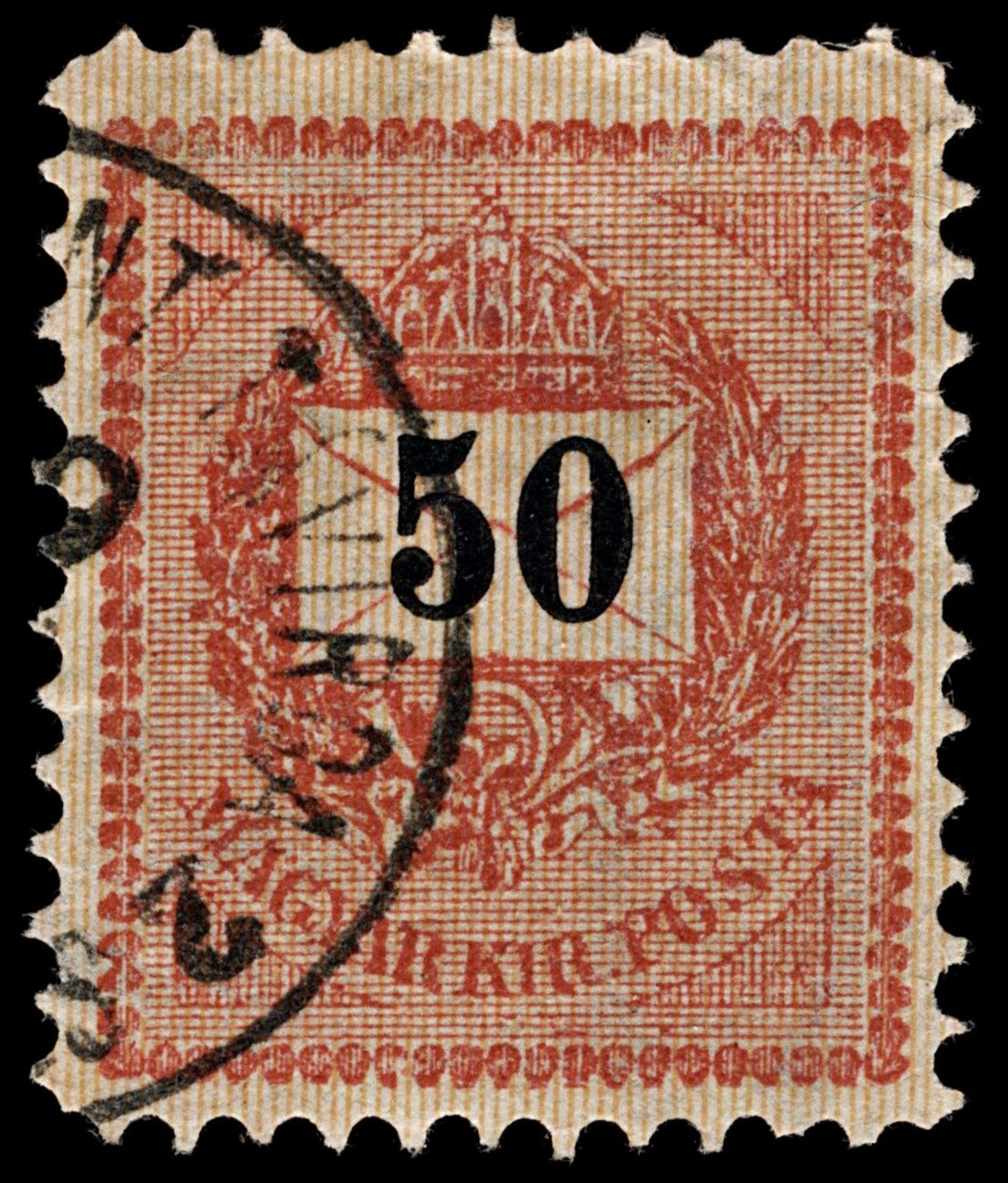 4198 Hungary SG63Ba 50k Red. P11½. Yellowish Paper. Circle Wmk. 1899. Sc#46c Mi52YB Fine Used. C£350