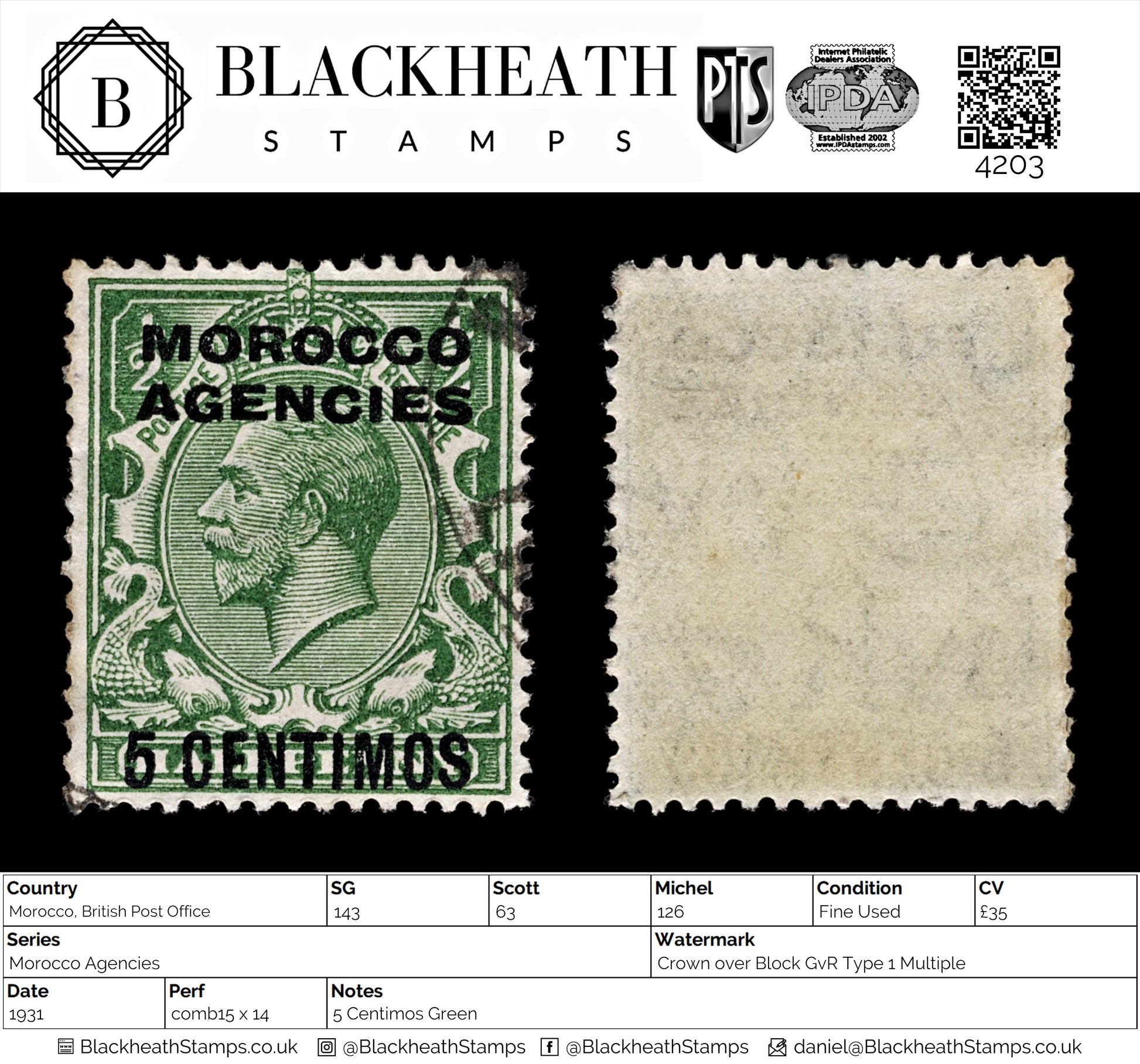 4203 Morocco, British Post Office SG143 5 Centimos Green. 1931. Sc#63 Mi126 Fine Used. C£35