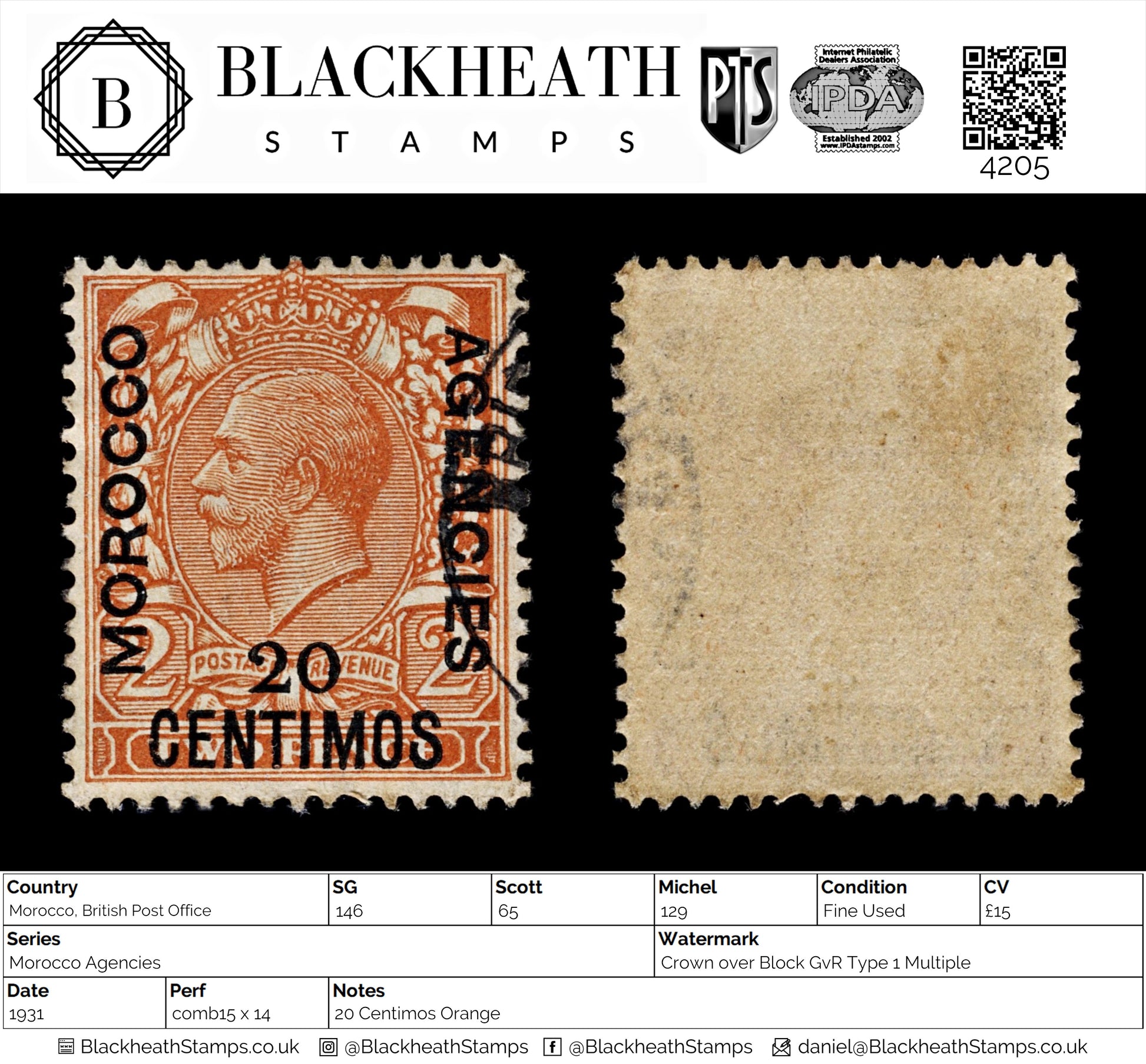 4205 Morocco, British Post Office SG146 20 Centimos Orange. 1931. Sc#65 Mi129 Fine Used. C£15