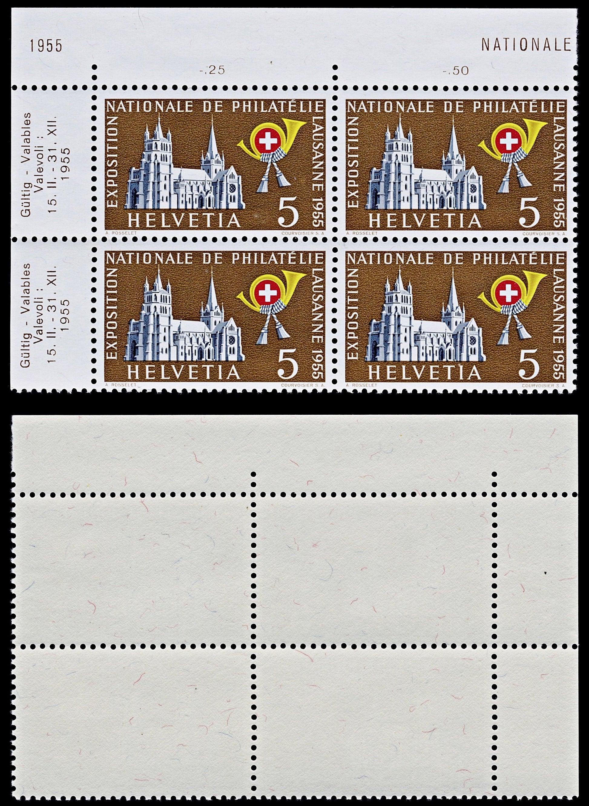 4526 Switzerland SG558 Stampexhibition Lausanne Set of 4 in Marginal Blocks. 1955. Sc#351 Mi607 MNH Mint. C£35