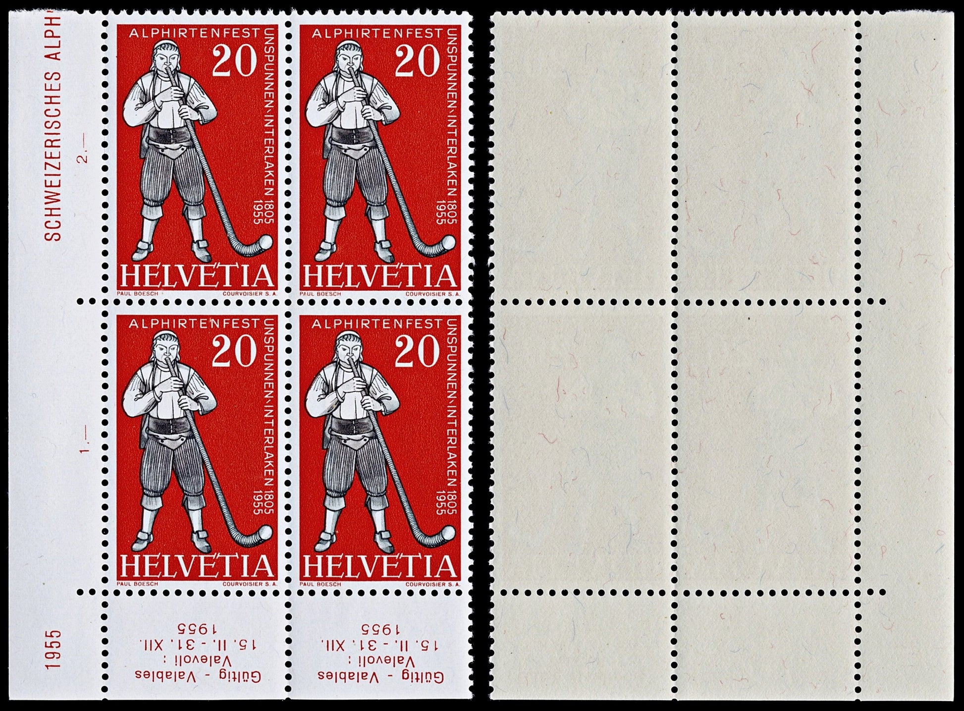 4526 Switzerland SG558 Stampexhibition Lausanne Set of 4 in Marginal Blocks. 1955. Sc#351 Mi607 MNH Mint. C£35