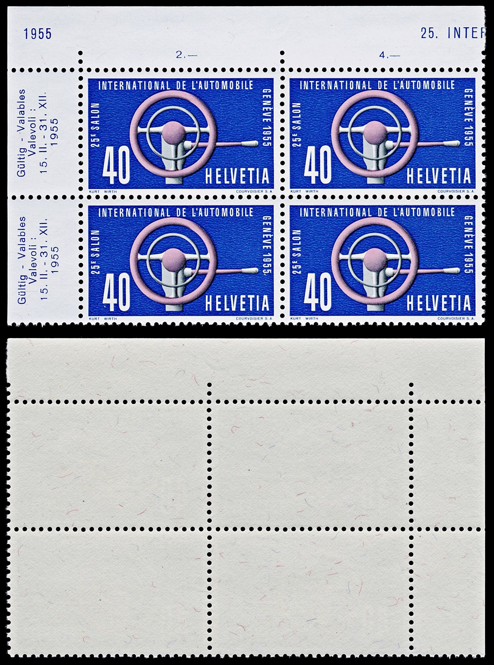 4526 Switzerland SG558 Stampexhibition Lausanne Set of 4 in Marginal Blocks. 1955. Sc#351 Mi607 MNH Mint. C£35