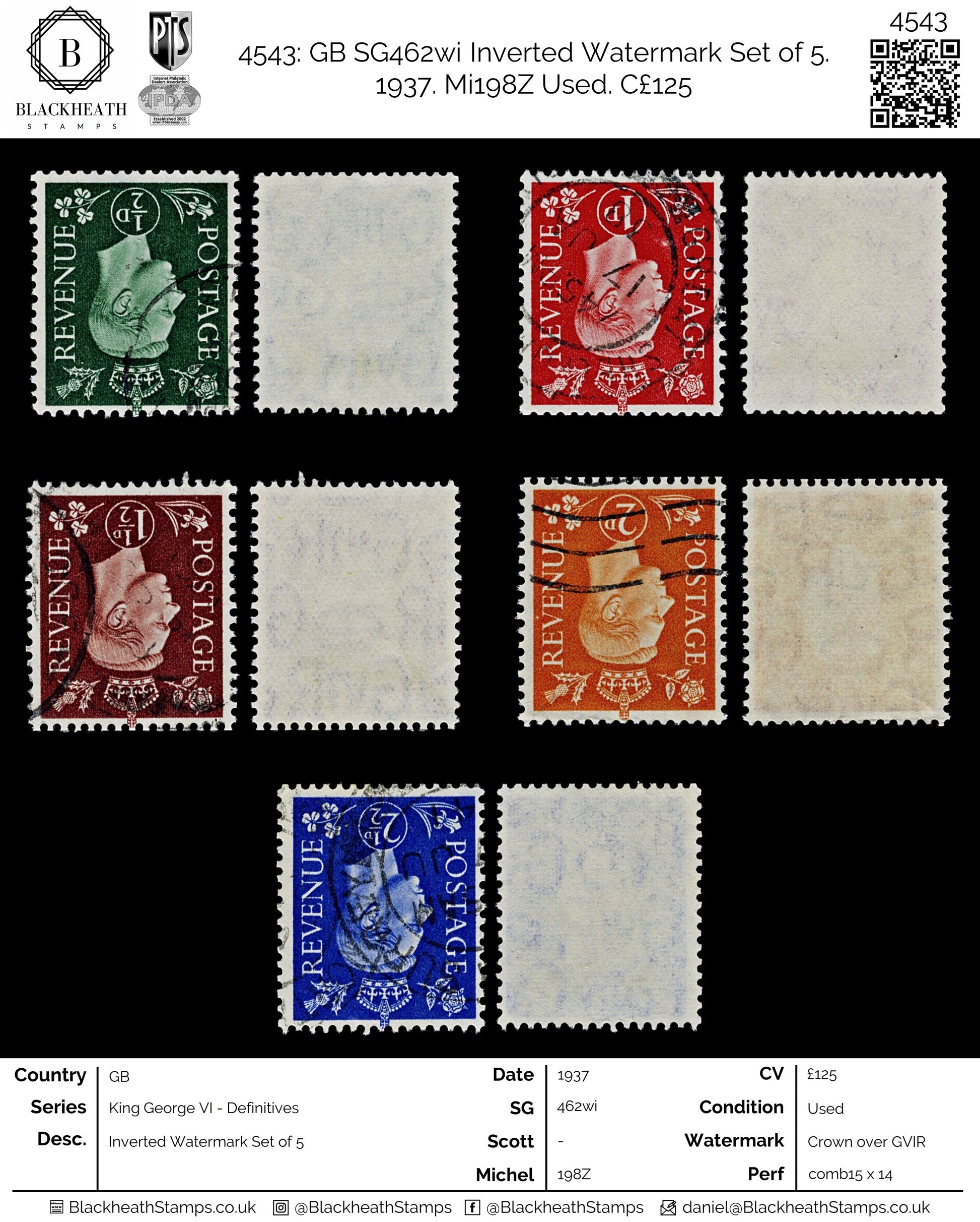 4543 GB SG462wi Inverted Watermark Set of 5. 1937. Mi198Z Used. C£125