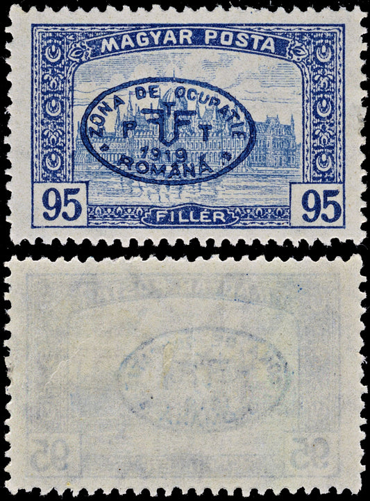 3848 Romanian Occ. of Debrecen Mi72, Sc# 2N57A, PHu I/87. 1919 95f Blue. Overprint. c£125