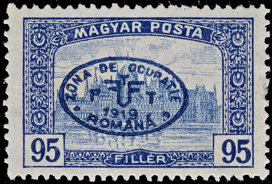 3848 Romanian Occ. of Debrecen Mi72, Sc# 2N57A, PHu I/87. 1919 95f Blue. Overprint. c£125