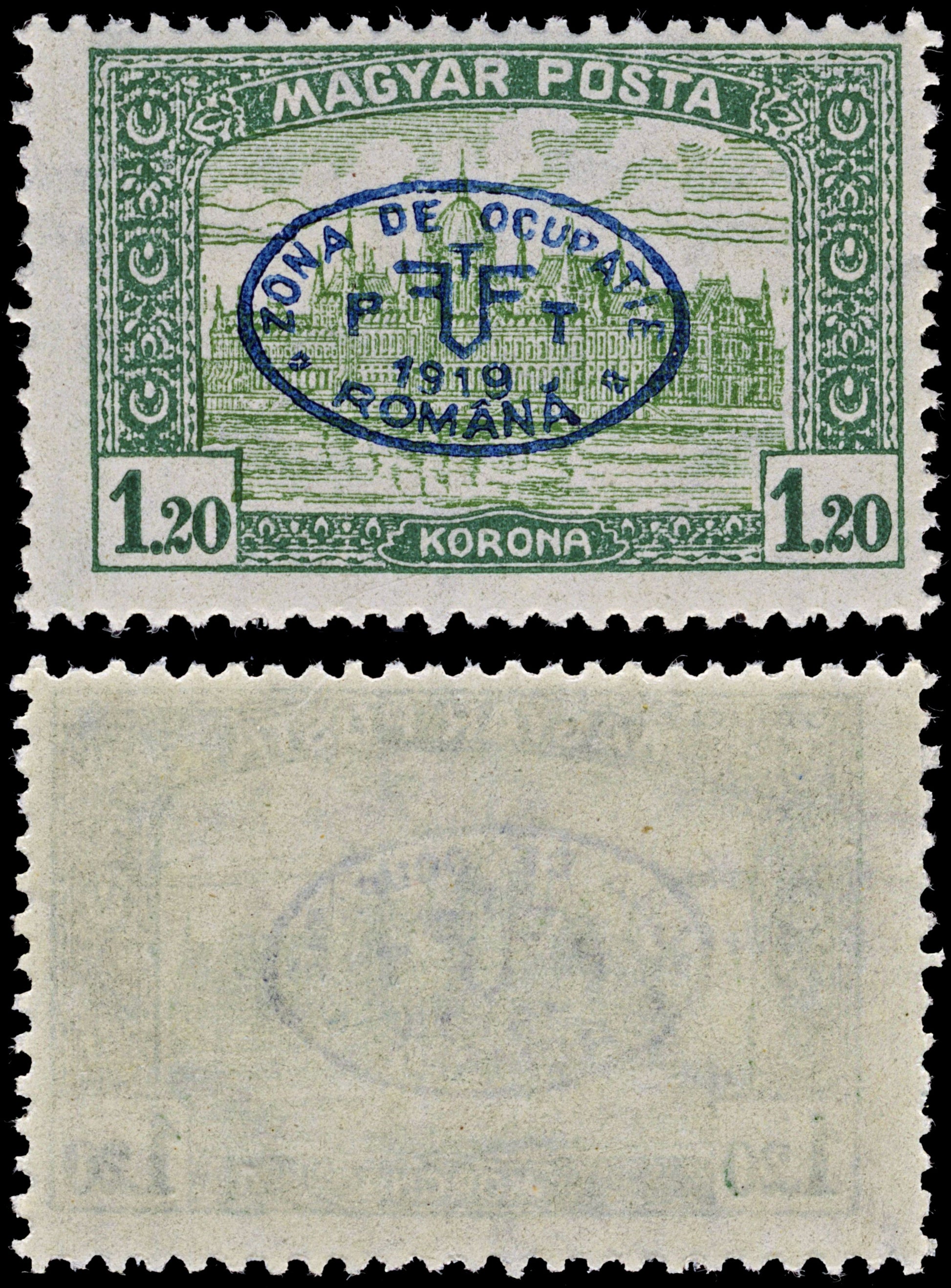 3849 Romanian Occ. of Debrecen Mi73, Sc# 2N57B 1919 1.20k Green. Overprint. c£125