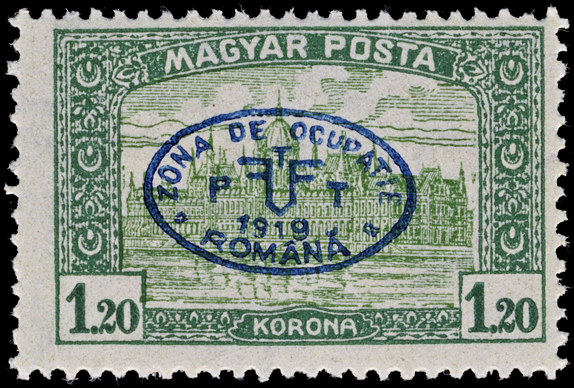 3849 Romanian Occ. of Debrecen Mi73, Sc# 2N57B 1919 1.20k Green. Overprint. c£125