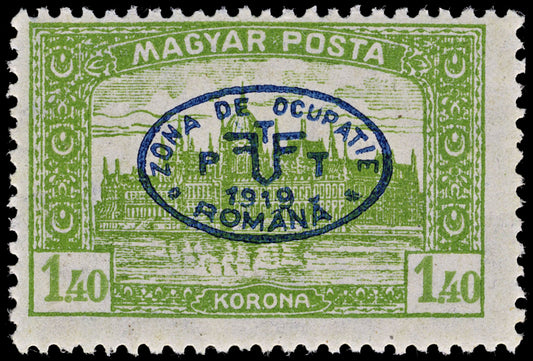 3850 Romanian Occ. of Debrecen Mi74, Sc# 2N57C 1919 1.40k Green. Overprint. c£125