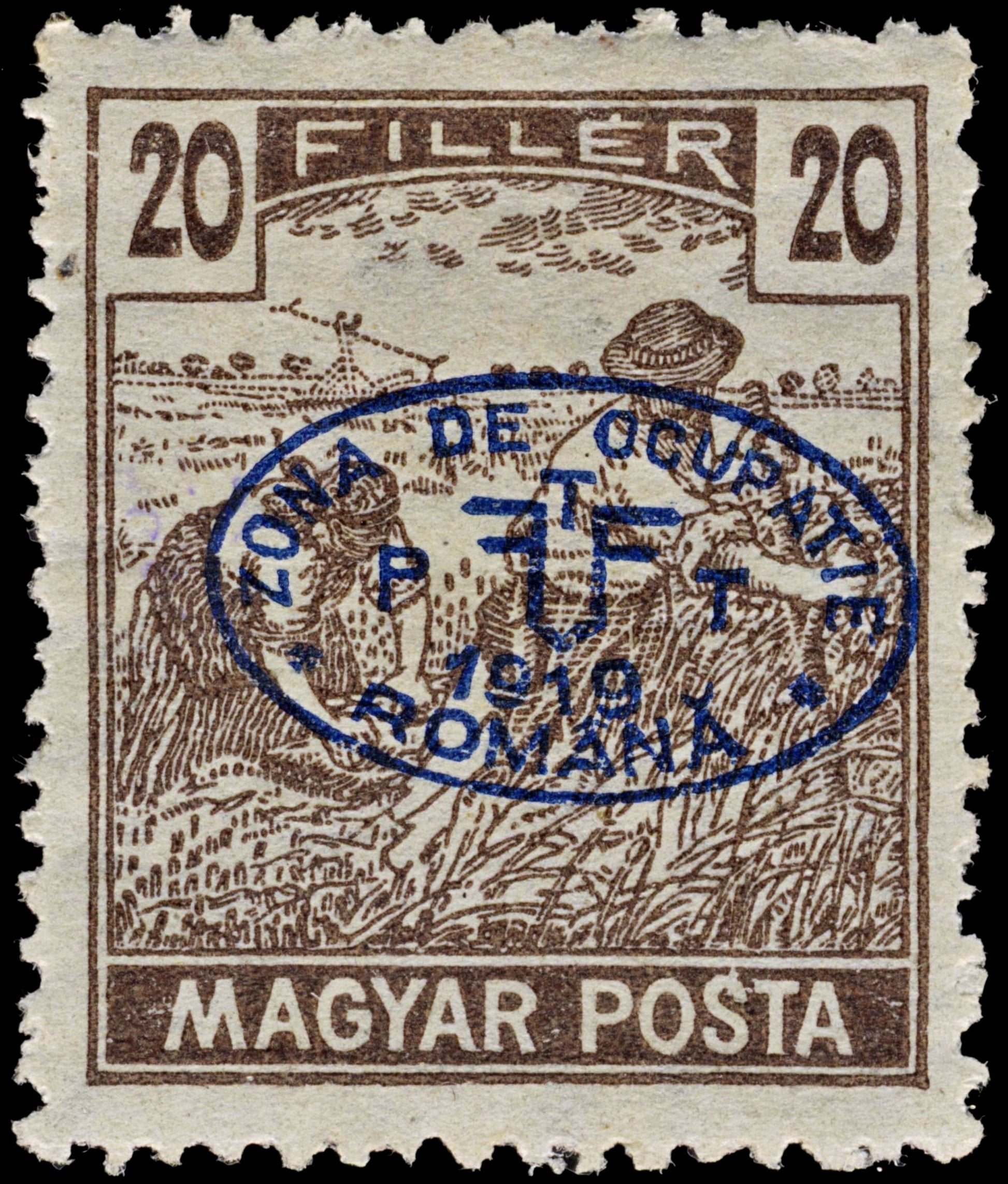 3855 Romanian Occ. of Debrecen Mi20, Sc# 2N11 SG16 1919 20f Brown. Blue Overprint. c£125