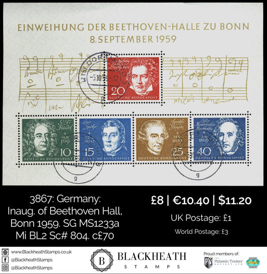 3867 Germany Inauguration of Beethoven Hall, Bonn 1959. SG MS1233a Mi BL2 Sc# 804. c£70