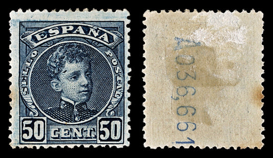 4028 Spain SG303 50c Blue. FLAW Gash on forehehad 1901. Sc#283 Mi214 MM Mint. C£43