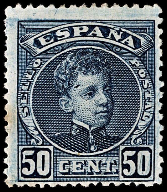 4028 Spain SG303 50c Blue. FLAW Gash on forehehad 1901. Sc#283 Mi214 MM Mint. C£43